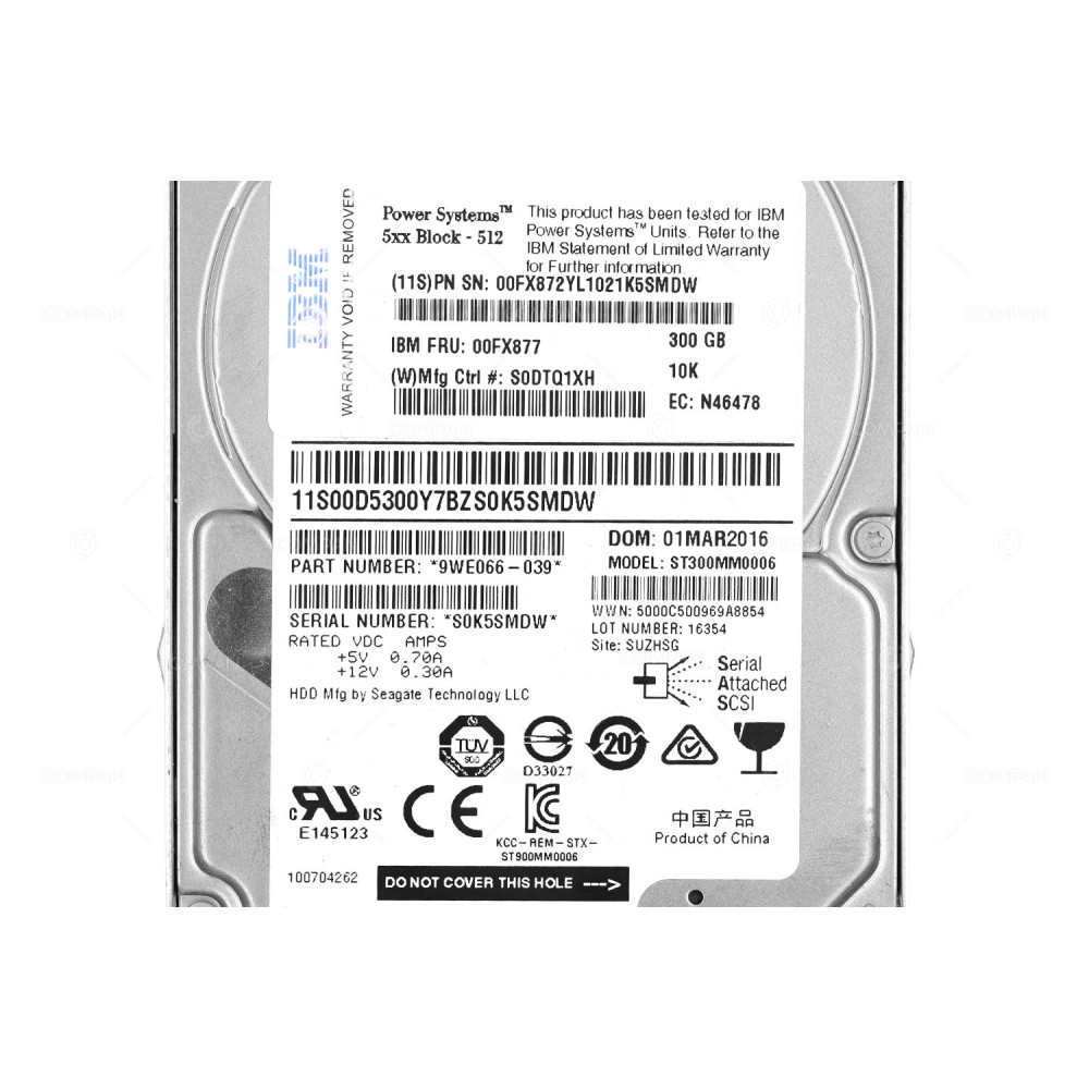 00FX877 IBM HARD DRIVE 300GB 10K 6G SAS 2.5 SFF-3 FOR POWER 8 PSERIES -